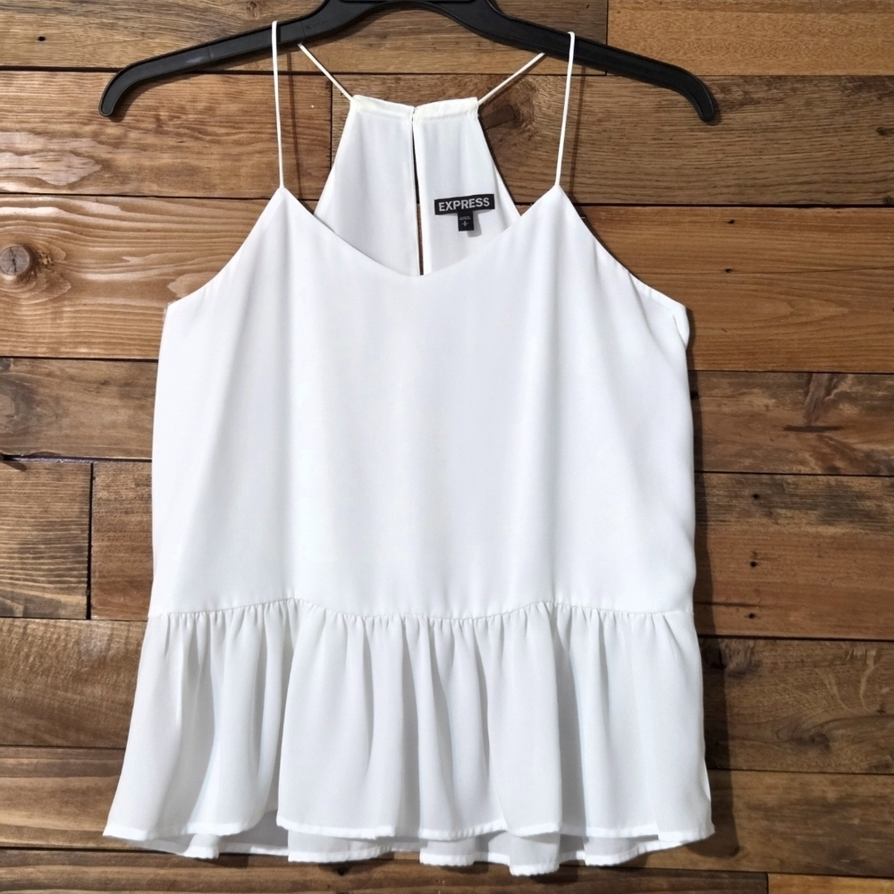 Express White Halter Neck Peplum Blouse Womens Flowy Sleeveless Chiffon Top